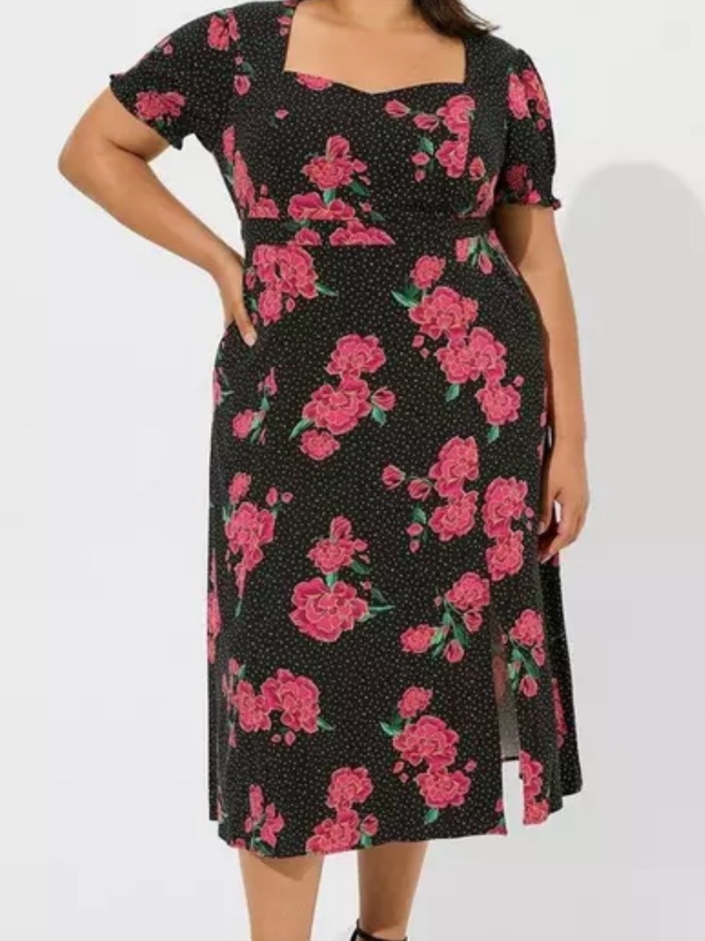 torrid Tea Length Stretch Challis Sweetheart Black Dress with Pink Rose Print